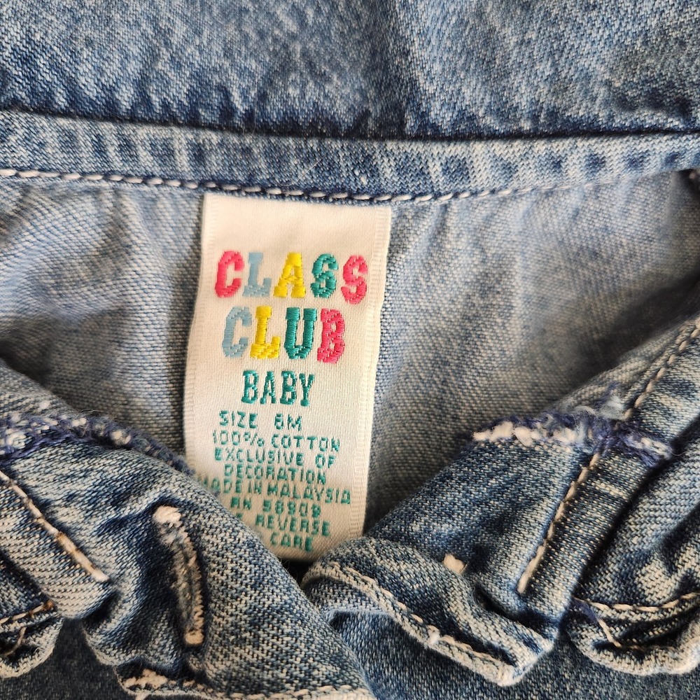 Vintage Baby Girl Denim Overall 6M Rose Lace Snap on Class Club 100% Cotton - Picture 3 of 8